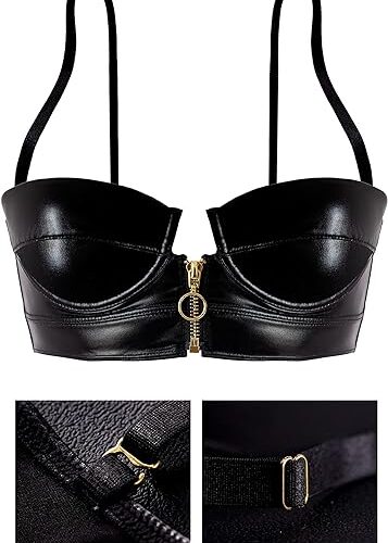 LOVE YOU SEXY Women PU Faux Leather Balconette Bra and Highwaist Panty with Front Open Zipper