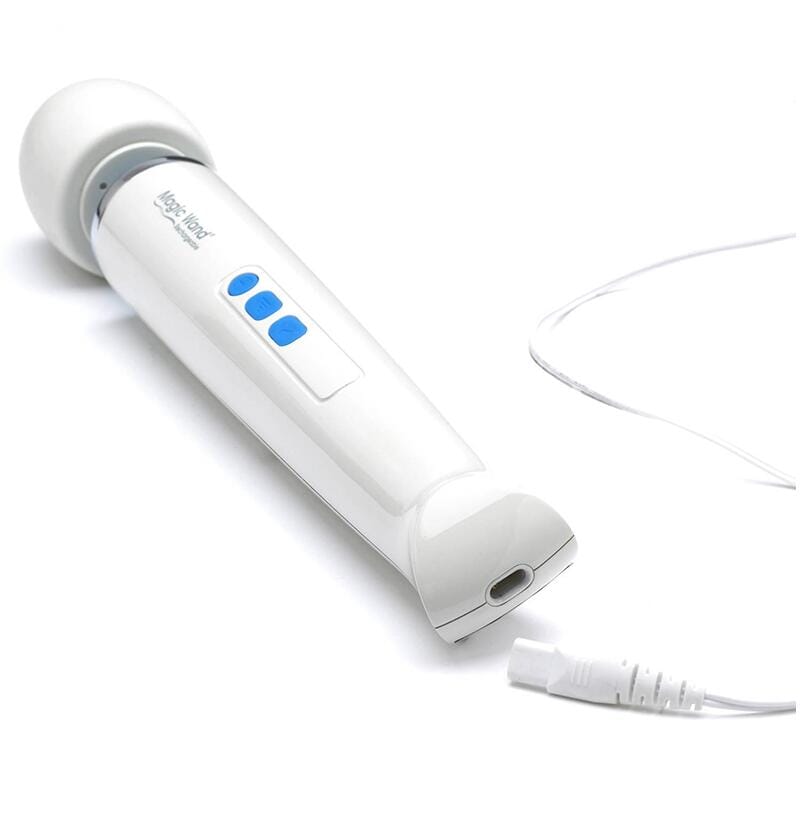 Magic Wand Rechargeable: full-size wand vibrator Magic Wand Rechargeable personal massager with its cord, shown as an example of a full-size wand vibrator
