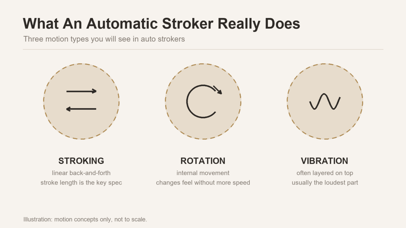 Illustration showing the three motion types in an automatic stroker: linear stroking, rotation and vibration