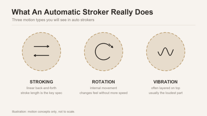 Illustration showing the three motion types in an automatic stroker: linear stroking, rotation and vibration