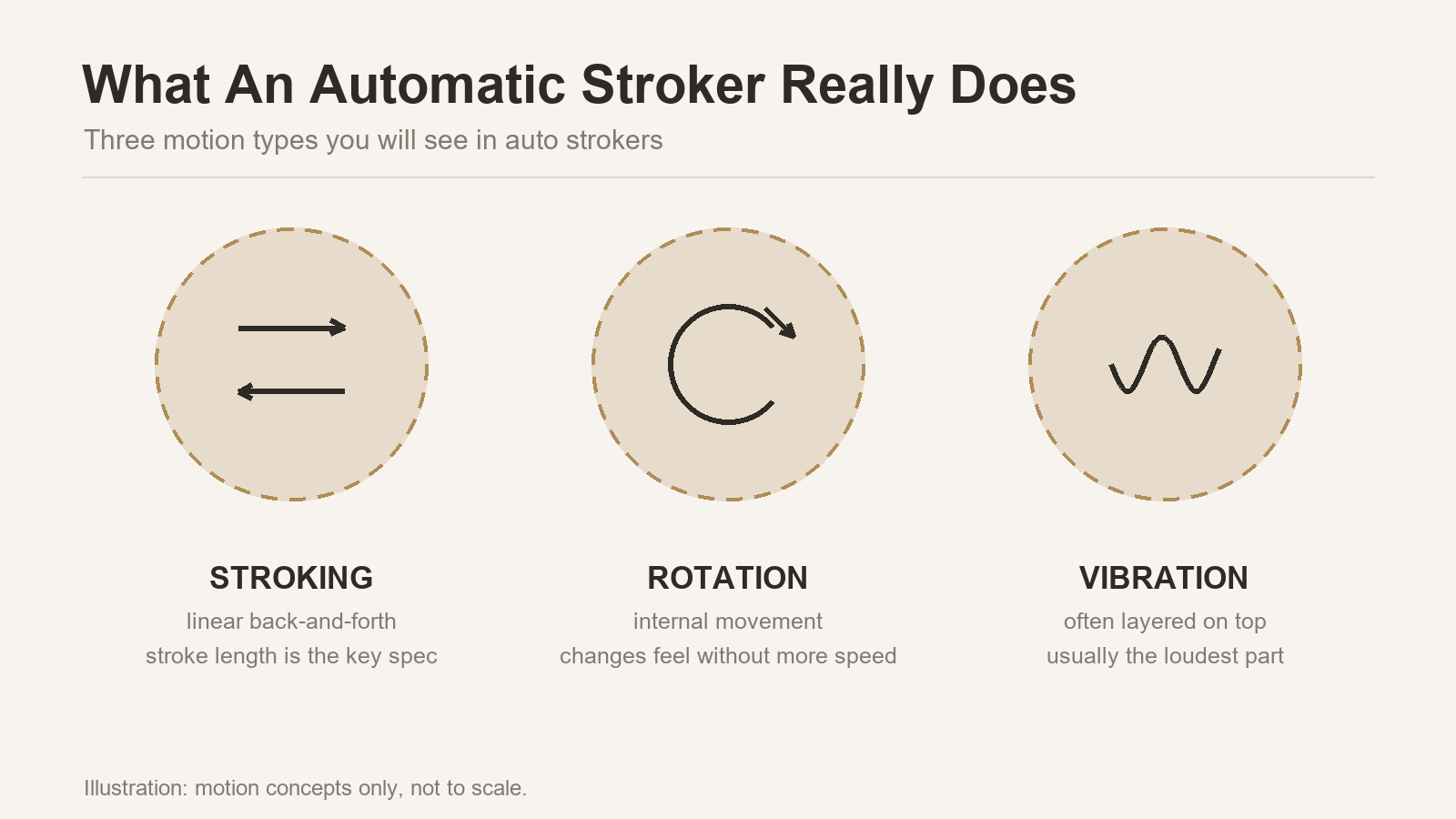 Illustration showing the three motion types in an automatic stroker: linear stroking, rotation and vibration