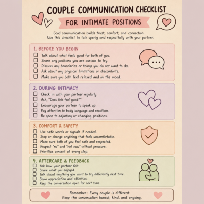 Couple communication checklist covering consent, check-ins, comfort, and aftercare