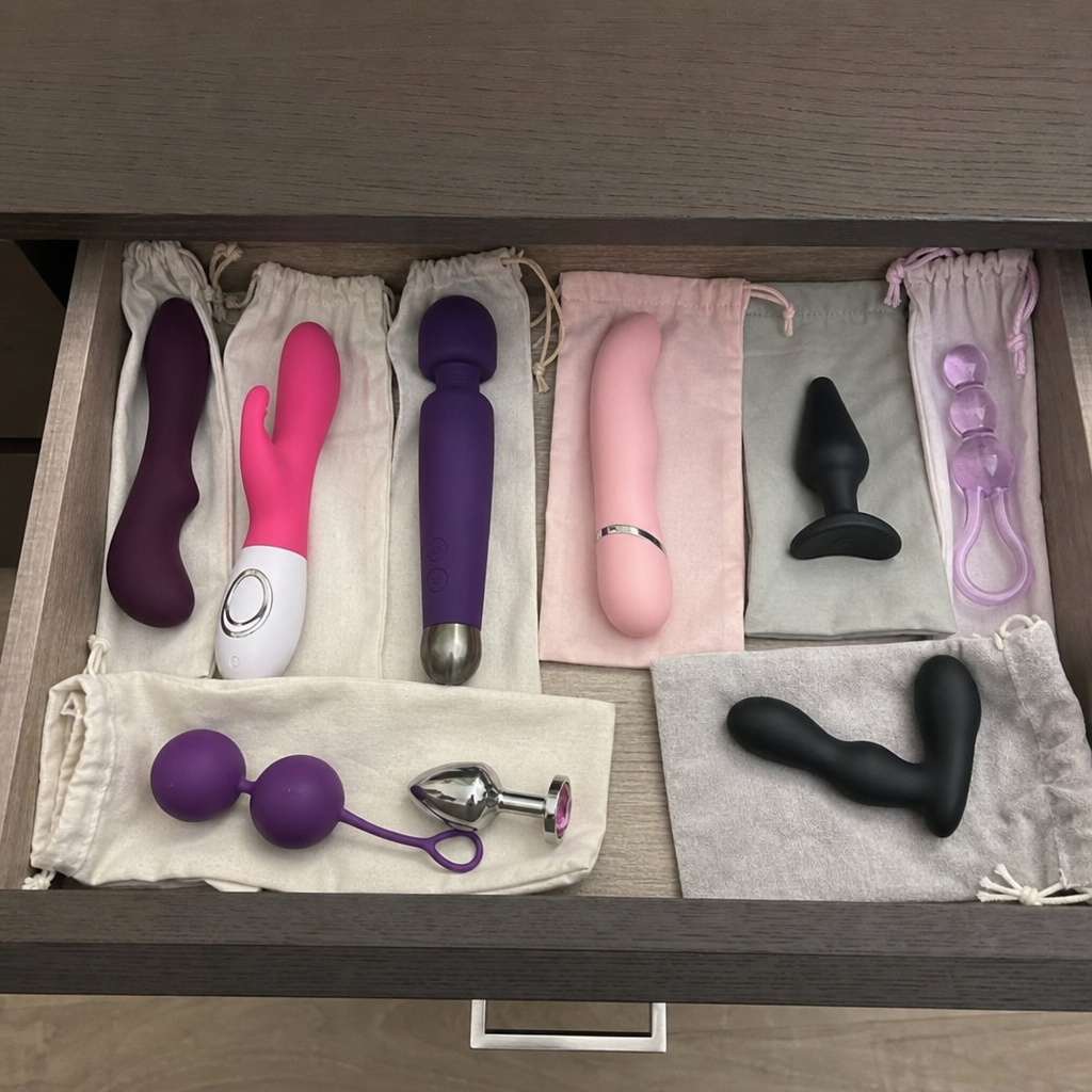 Silicone vs TPE vs Glass A Sex Toy Material Buying Guide Drawer organizer holding vibrators, a butt plug, kegel balls, and fabric storage pouches