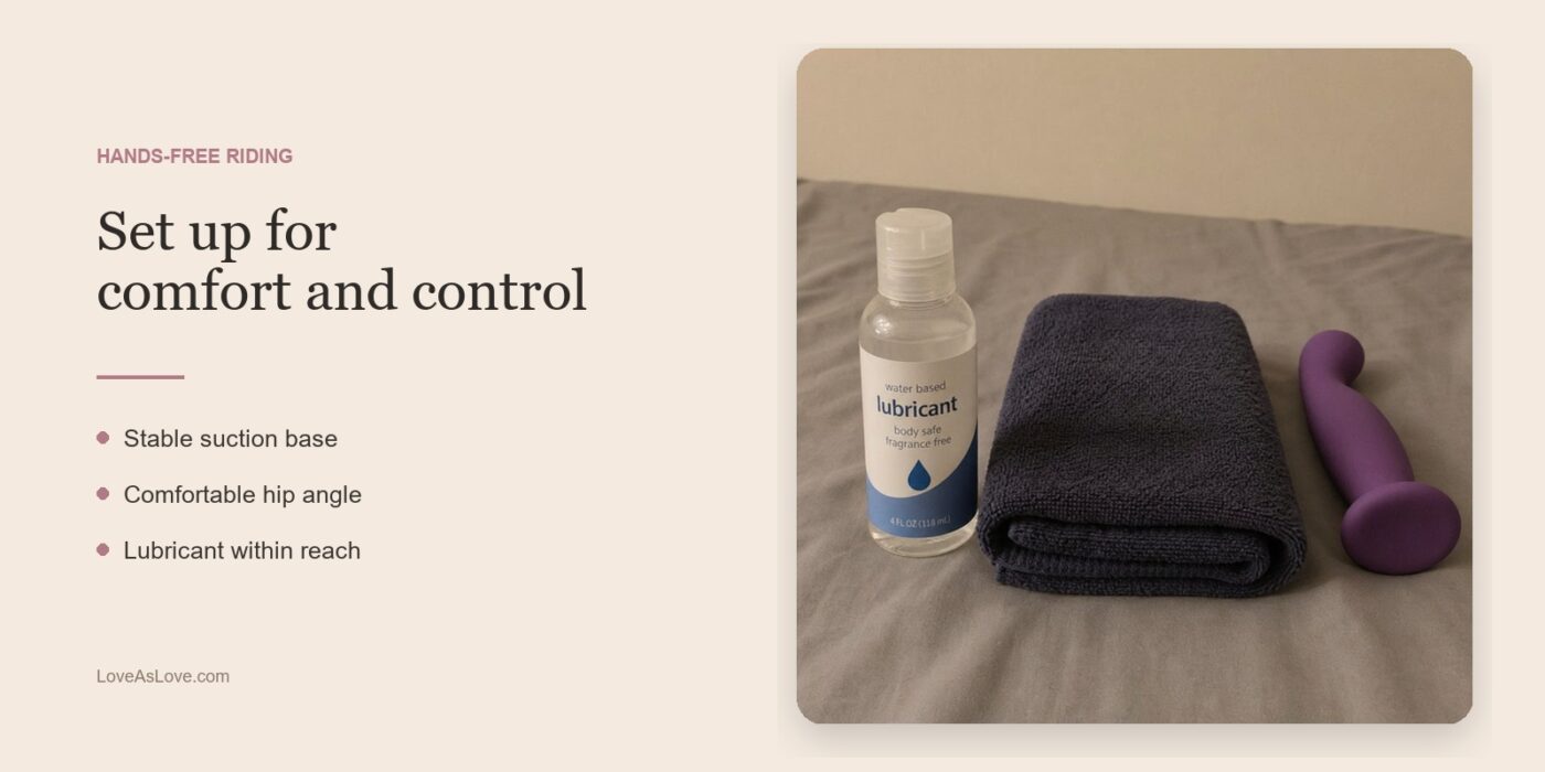 Hands-free riding setup graphic with lubricant, a folded towel, and a purple suction-cup dildo